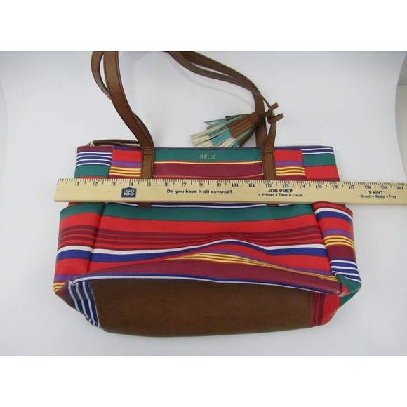 Relic by Fossil Womens Striped Tote Handbag Purse Leather Tassle Multicolor - Picture 4 of 11